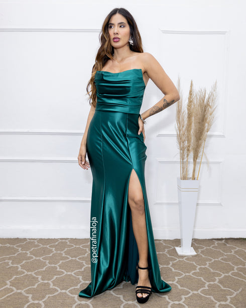 VESTIDO TOMARA QUE CAIA DRAPEADO LATERAL VESTIDO DE FESTA PETRA FINA VERDE ESMERALDA P